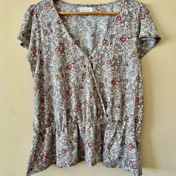 Melloday| Romantic Feminine V-Neck Peplum Short Sleeve Floral Blouse Size Large - Picture 1 of 7